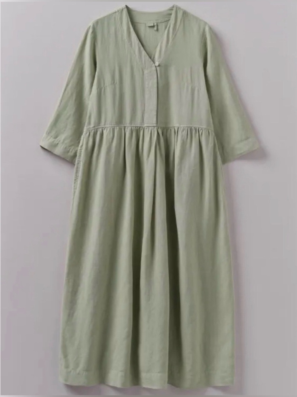 TOAST 100% Linen Sage Green V Neck 3/4 Sleeve Midi Dress Size XS VGUC